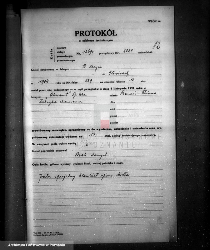 Obraz 16 z jednostki ""Akwawit" Spółka Akcyjna W Poznaniu fabryka chemiczna nr woj. 2328 nr kotła 832"