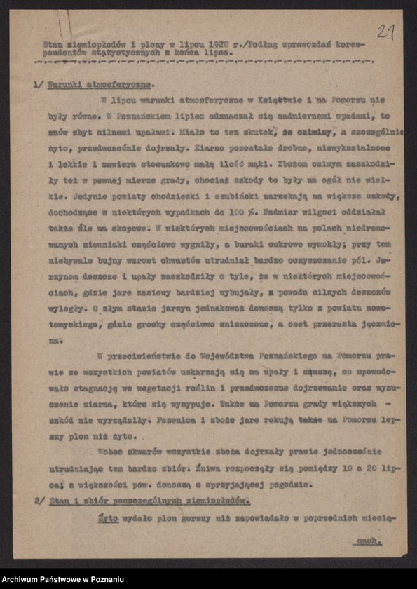 Obraz 20 z jednostki "[Wyniki oszacowania plonów roślin kłosowych, okopowych i strączkowych w Księstwie Poznańskim w 1919 roku], stan ziemiopłodów i plony w 1920 roku"