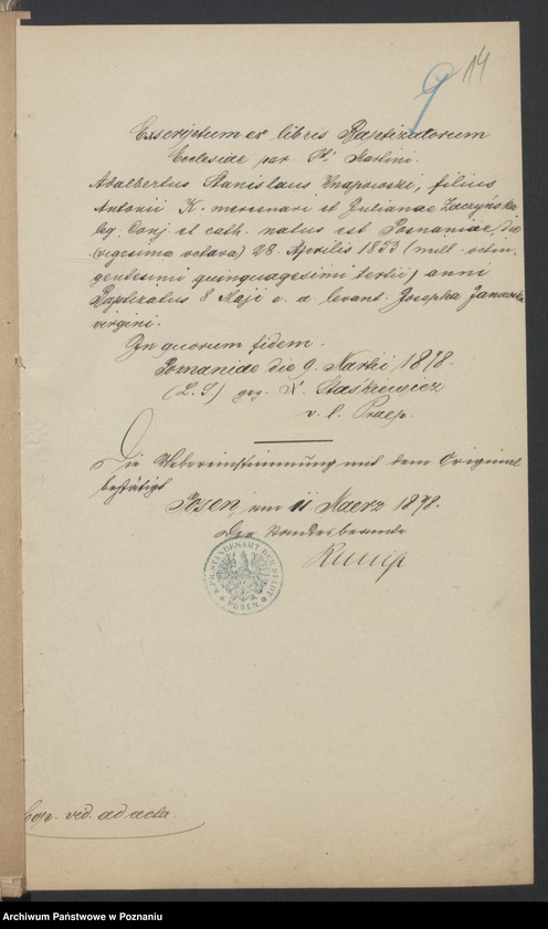 Obraz 16 z jednostki "Die von den Verlobten zum Aufgebot beigebrachten Urkunden pro 1878"