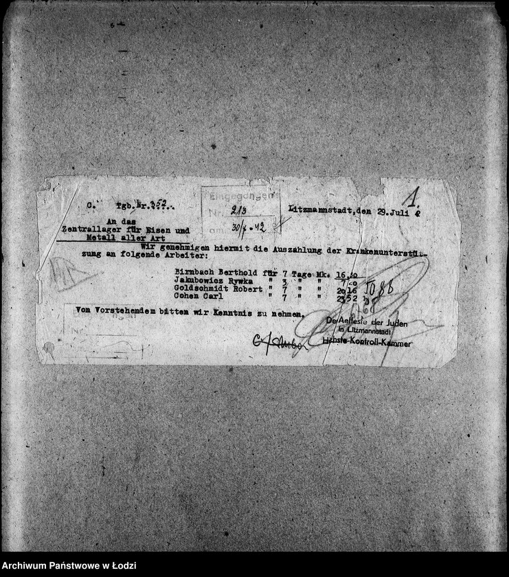 Obraz 4 z jednostki "Zentrallager für Eisen und Metall aller Arbeits-Ressorte [Zasiłki chorobowe dla pracowników wydziału, listy pracowników, zaświadczenia lekarskie]"