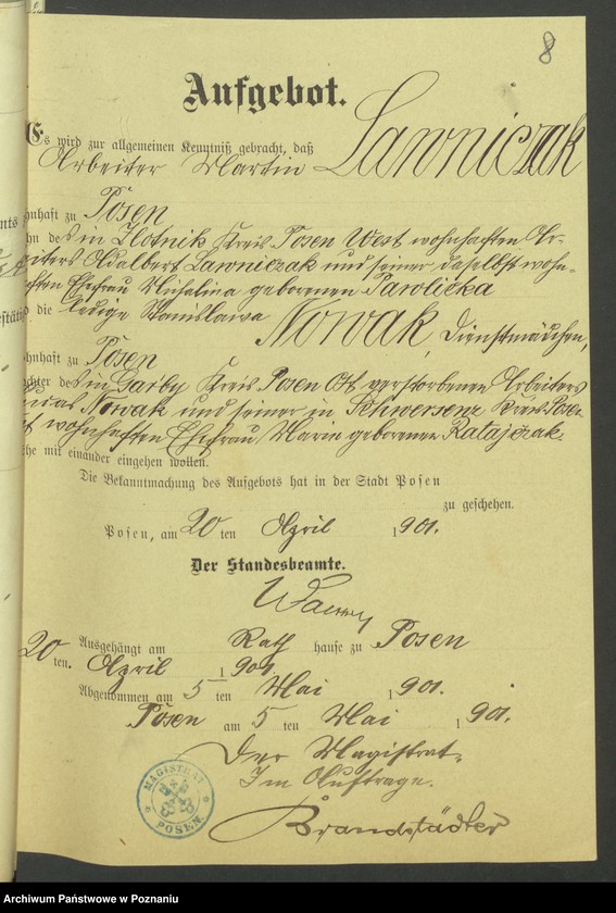 Obraz 10 z jednostki "Die von den Verlobten beigebrachten Urkunden zur Eheschliessung pro 1901. Vol VII"