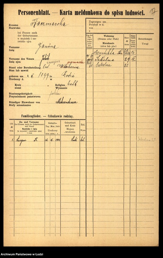 Obraz 19 z jednostki "[Spis ludności Łodzi] Katschmarowska - Kaczyński"