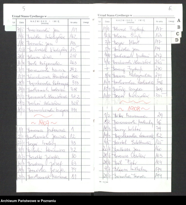 Obraz 6 z jednostki "[Skorowidz alfabetyczny do akt urodzeń za lata 1905-1912]"