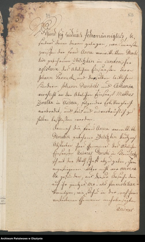 image.from.unit.number "In S. [Sachen] der Wittwe des verstorbenen Andreas Dembski Anna geb. [geborene] Sbilitzkin/ Zbilitzkin wegen der ihrem leibl. [leibliche] Sohn dem Johann Dembski erb und eigenthümlich überlassenen 1 1/2 adel. [adeliche] Hube zu Kl. [Klein] Lentzko [Mały Łęck]"