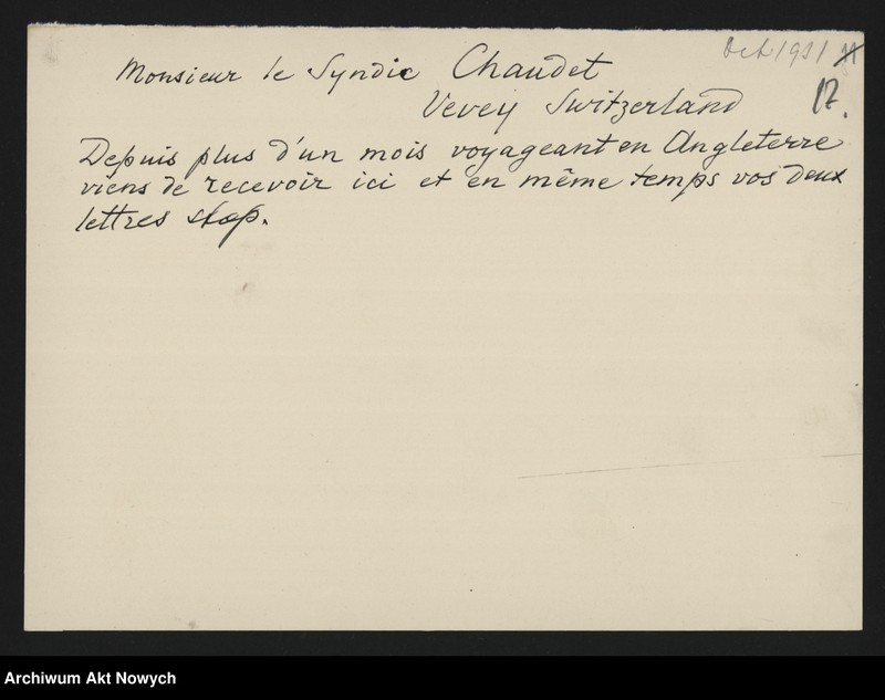 Obraz 19 z jednostki "Municiapalité de Vevey; Załączniki: a) zaproszenia; b) wycinek prasowy; c) 2 fotografie Bulwaru I. J. Paderewskiego; L.19 (odpowiedzi - rękopisy)"