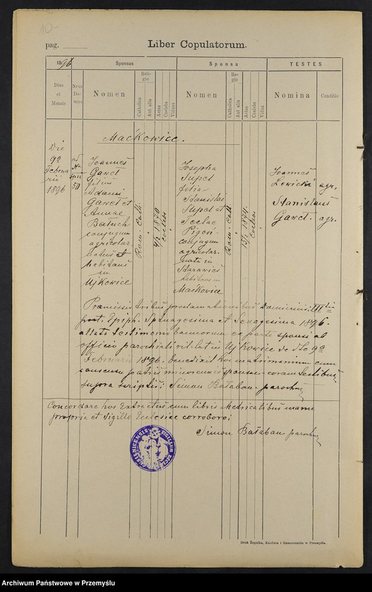 image.from.unit.number "Extractus e libris metricalibus natorum et baptisatorum copulatorum a mortuorum Diocesis Premisliensis decanatus Pruchnicensis parochiae Kosienicensis ex Anno Domini 1896"
