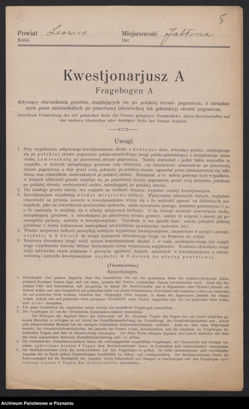 Obraz 6 z jednostki "[Kwestionariusze dotyczące stwierdzenia gruntów znajdujących się po polskiej stronie pogranicza a zarządzanych przez zamieszkałych po stronie niemieckiej] powiat leszczyński"