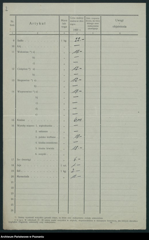 Obraz 4 z jednostki "[Wykazy cen maksymalnych artykułów spożywczych w poszczególnych miastach Województwa Pomorskiego za miesiące czerwiec i lipiec 1920 roku]"