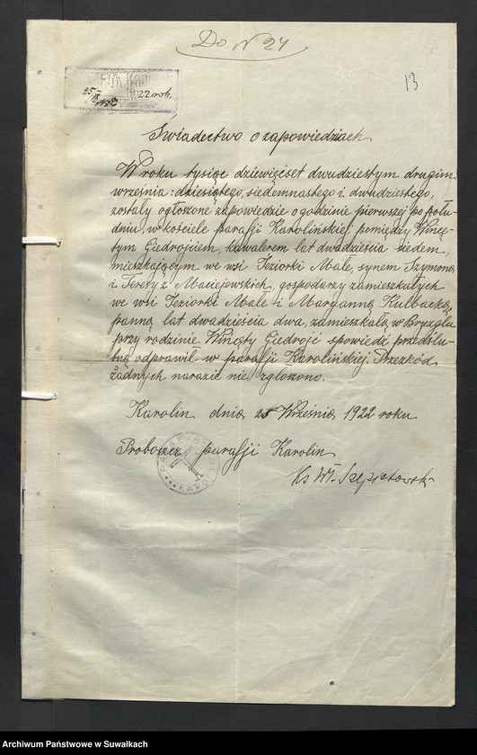 image.from.unit.number "[Dokumenty do akt małżeństw parafii rzymskokatolickiej w Wigrach z 1922 roku]"