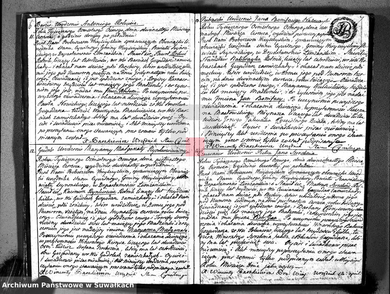 Obraz 7 z jednostki "Księga aktów cywilnych urodzenia, stosowanie do prawa W. Napoleona od dnia 1 miesiąca maja 1808 roku parafii wieysieyskiey przez urzędnika tychże aktów niżej podpisanego zaczęta i kontynuowana"