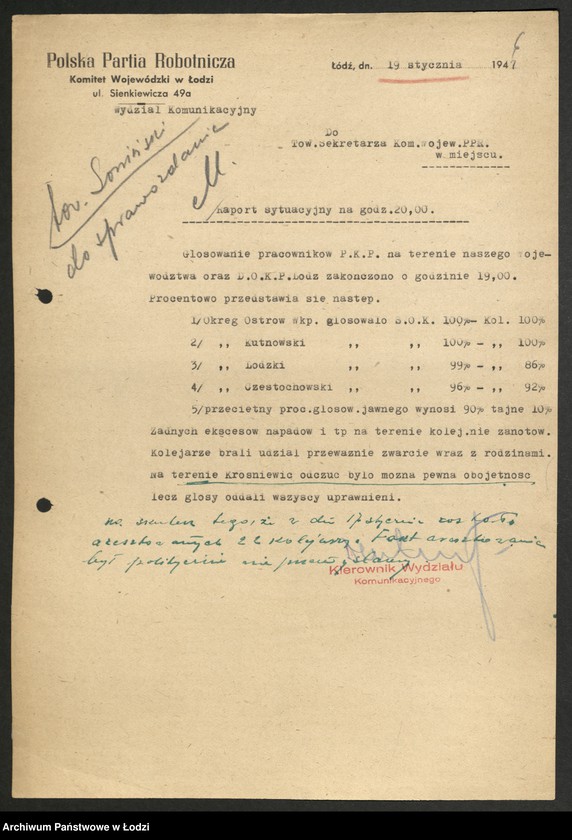 Obraz 7 z jednostki "Wybory do Sejmu - korespondencja [w sprawie przygotowań meldunek o przebiegu wyborów oraz instrukcja Komitetu Centralnego dotycząca partyjnej Trójki Wyborczej]"