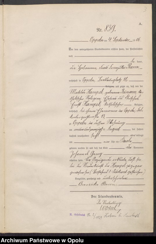 Obraz 7 z jednostki "Urząd Stanu Cywilnego w Opolu 1906 Rejestr Urodzeń miejscowa Nr 838 do 1264"