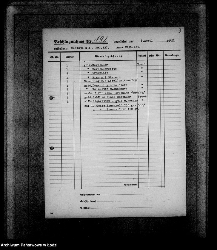 Obraz 13 z jednostki "Gestapo 1-200 [Kartoteka skonfiskowanego majątku ruchomego u Żydów]"