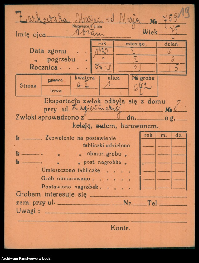 Obraz 20 z jednostki "Kartoteka osób pochowanych na cmentarzu żydowskim przy ulicy Brackiej w latach 1892-1956. Nazwiska na literę Ż"