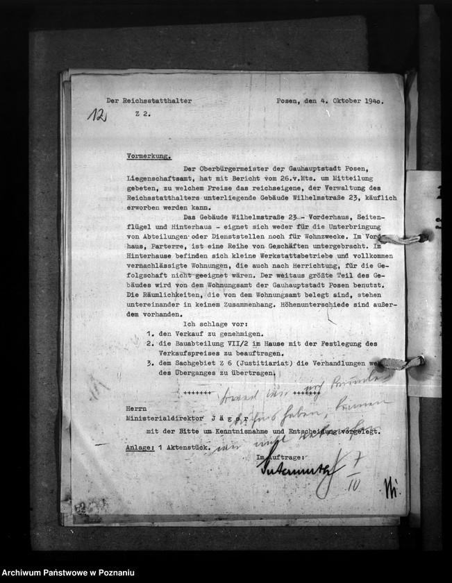 Obraz 16 z jednostki "Grundstück Wilhelmstr. 23 in Posen zum Ausbau der Raczyński Bibliothek"