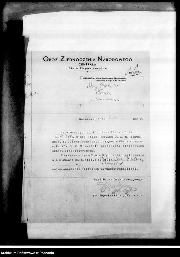 Obraz 4 z jednostki "Okólniki, instrukcje, wytyczne, korespondencja dotycząca urządzenia Zjazdów Obywatelskich, wyborów do samorządów terytorialnych oraz Zespołu Wielkopolskiego Posłów i Senatorów Obozu Zjednoczenia Narodowego: wykazy członków"