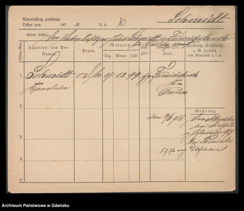 image.from.unit.number "Karty meldunkowe: Schmidt Karoline - Schmidt Nicolaus"