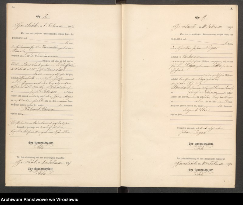 Obraz 12 z jednostki "księga urodzeń Urzędu Stanu Cywilnego w Goszczu (Goschütz) 1897"