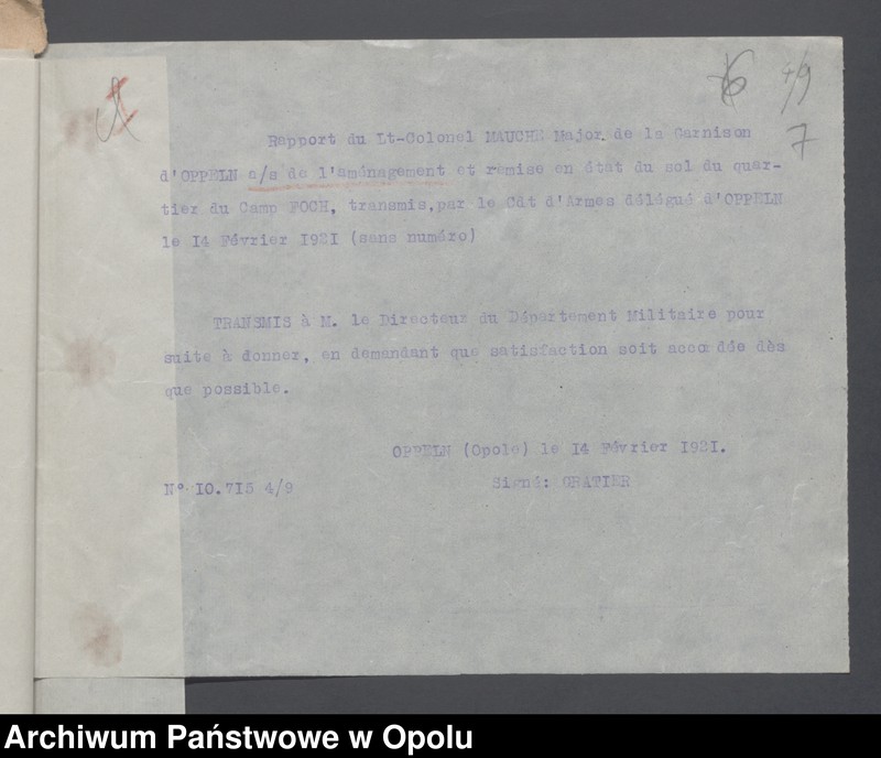 Obraz 9 z jednostki "Service du Genie-Casenement-Cantonnement  /Korespondencja i zarządzenia z zakresu rozlokowania wojska, przydziały koszar/ 4.02.- 10.09.1921"