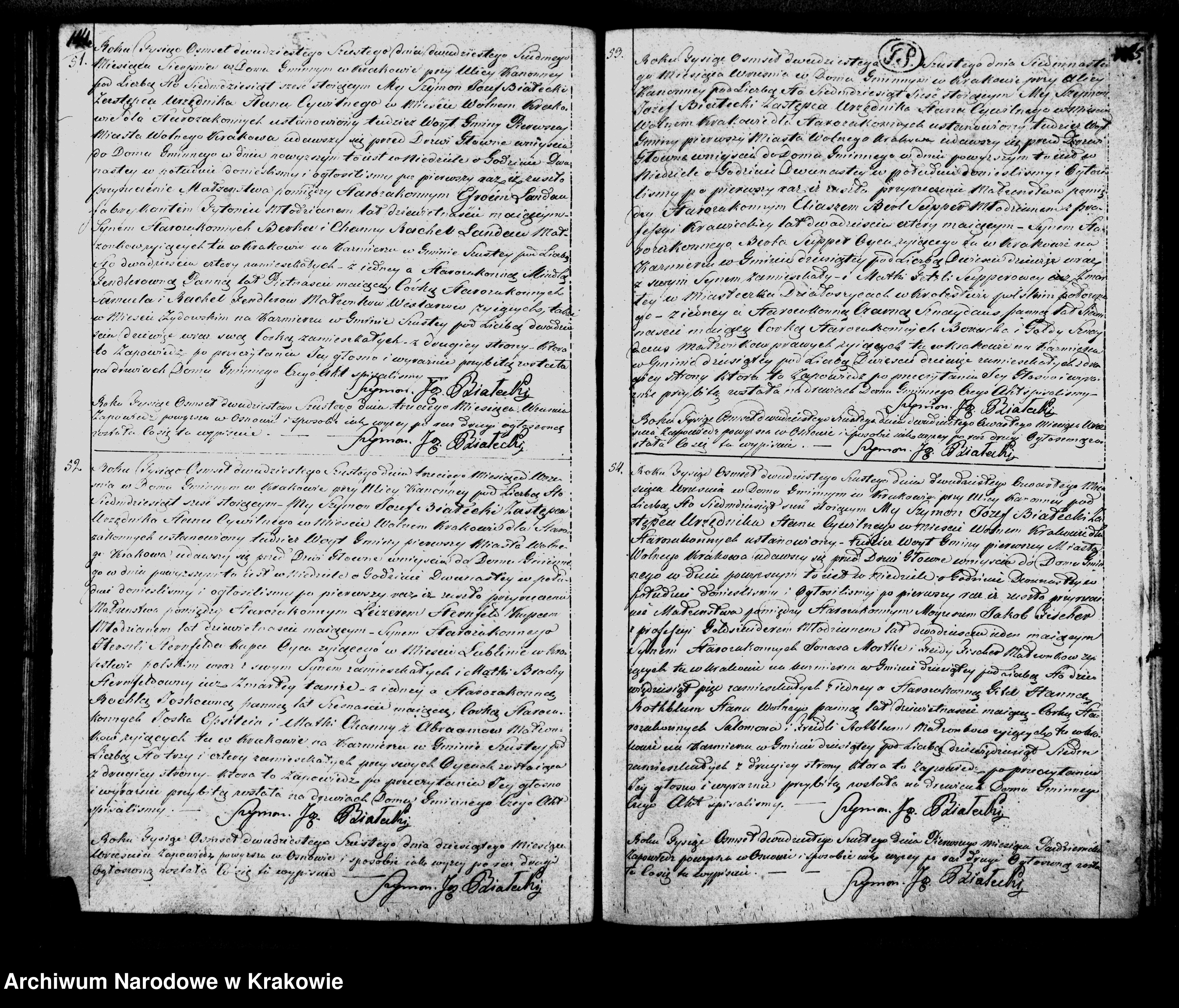 Skan z jednostki: Akta Stanu Cywilnego Księga Ia Obeymuiąca Akta Zapowiedzi Małzeństw i Rozwodow między Osobami Wyznania Moyzeszowego w Mieście Wolnem Krakowie na Rok 1826