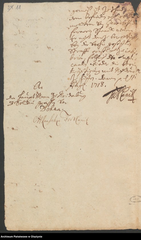 image.from.unit.number "In S. [Sachen] Gottfried von Schönaich Obristliet. [Obristlieutenant] Christoph Henrich von Gersdorff, Verweser zu Neidenburg [Nidzica], wegen Bier, und Brandtwein Schanks in Klein Lentzko [Mały Łęck]"