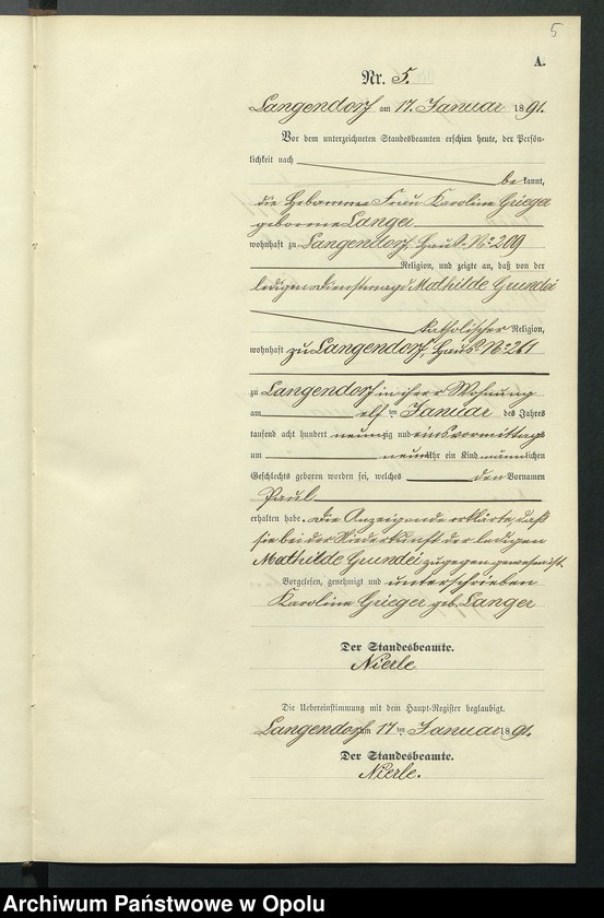 Obraz 9 z jednostki "Geburts-Neben-Register des Standesamts Langendorf pro 1891"