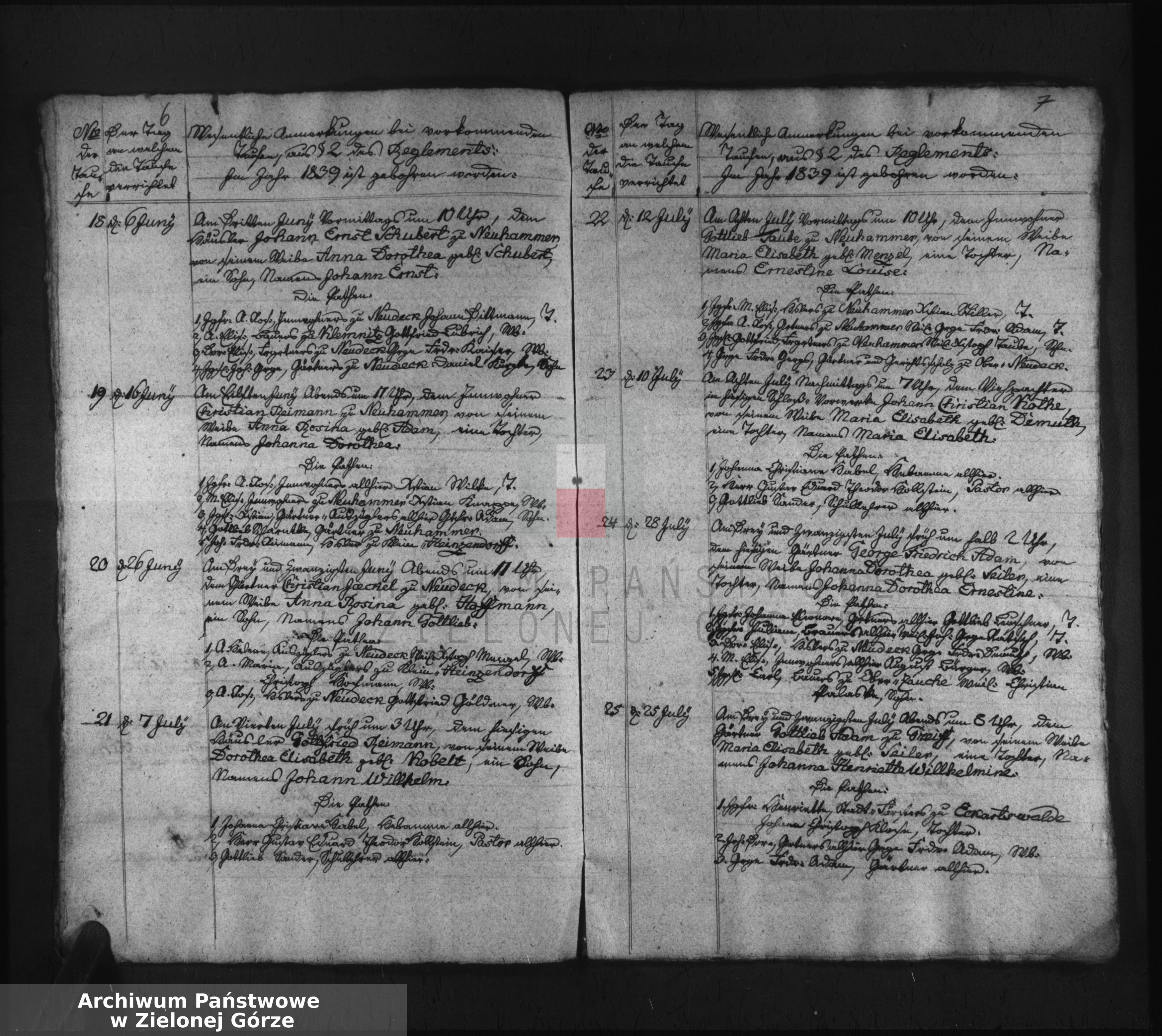 Skan z jednostki: Duplicat des Kirchenbuchs bei der evangelischen Kirche zu Kunzendorf vom Ersten Januar bis ultimo Decbr. 1839