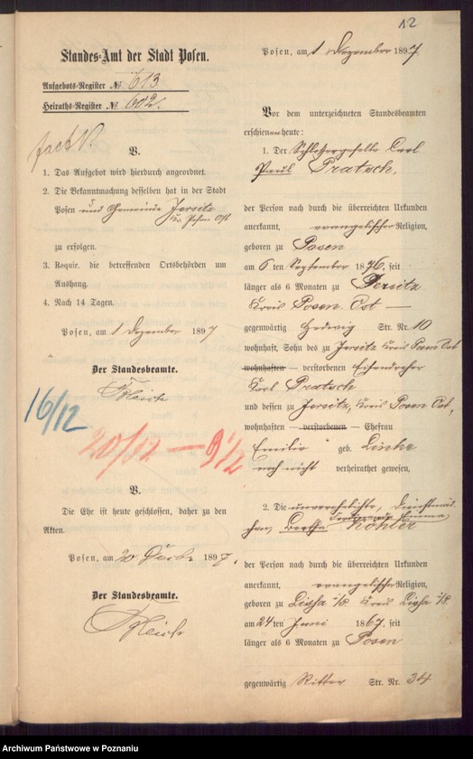 Obraz 14 z jednostki "Die von den Verlobten beigebrachten Urkunden zur Eheschliessung pro 1897"