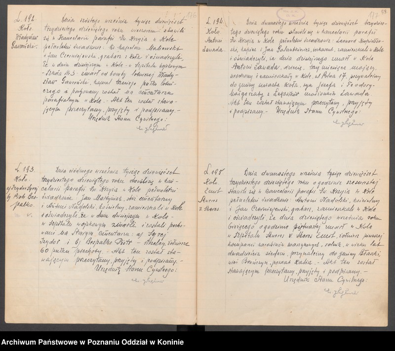 Obraz 5 z kolekcji "Akta zgonów zabitych i zmarłych ofiar bombardowania w Kole w dniu 2 września 1939 r.111"