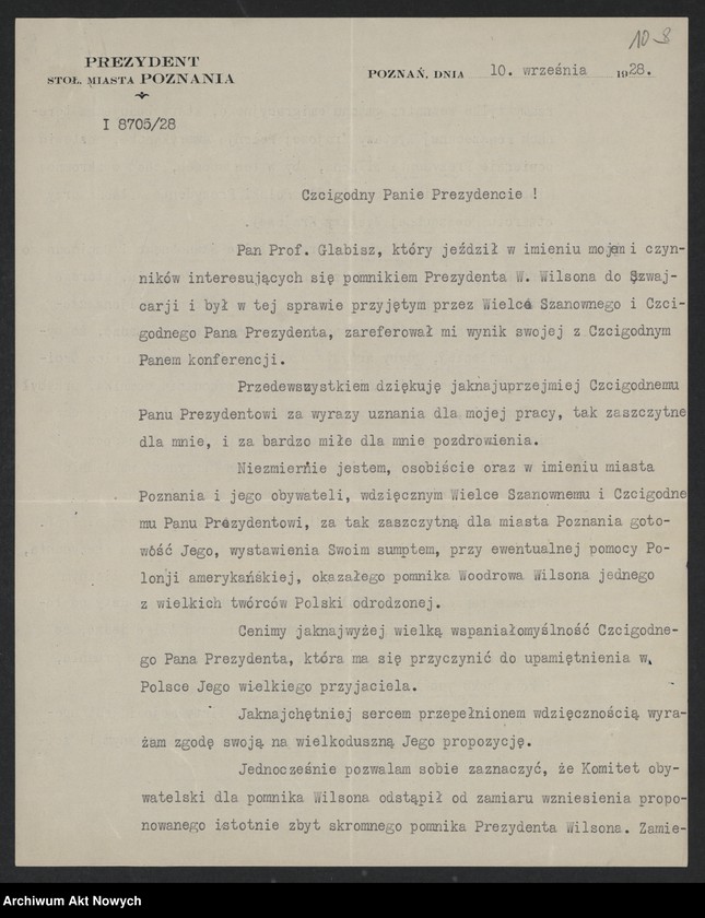 image.from.unit.number "Władze miejskie m. Poznania; Załączniki: a) zaproszenia; b) telegramy C. Ratajskiego (prez. m. Poznania) do E. B. Wilson (żony prez. W. Wilsona) i gen. Pershinga (rękopisy I. Paderewskiego dla C. Ratajskiego); c) telegramy E. B. Wilson, gen. I. Pershing