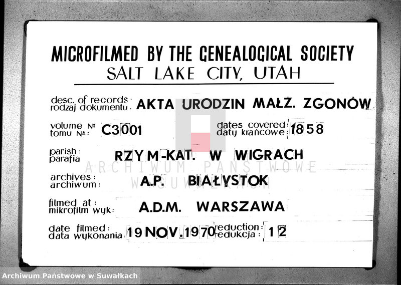 image.from.unit.number "Duplikat akt urodzonych, zaślubionych i zmarłych parafii wigierskiej na rok 1858"