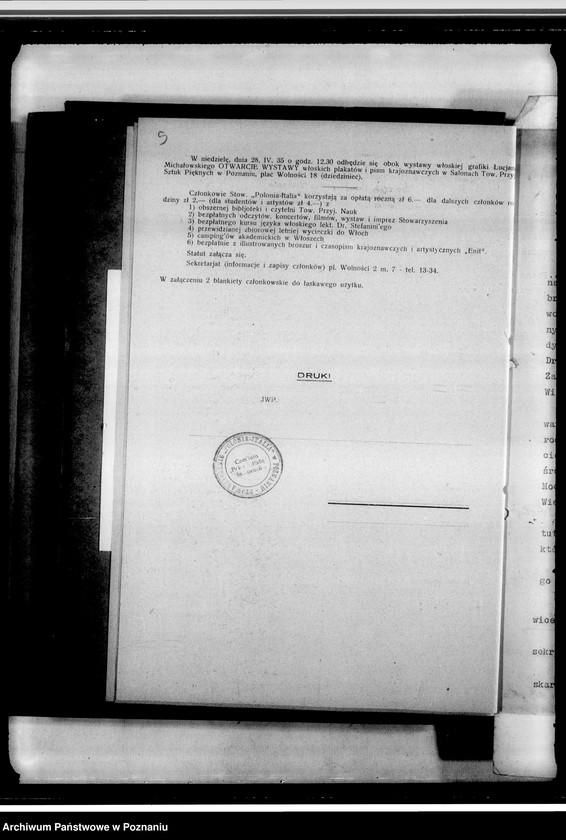 Obraz 9 z jednostki "Stowarzyszenie "Polonia- Italia" w Poznaniu: a/ dokumenty dotyczące założenia Towarzystwa /statut i inne/, b/ sprawozdania roczne z działalności i protokoły zebrań, c/ korespondencja różna, d/ listy członków, e/ druki, afisze"