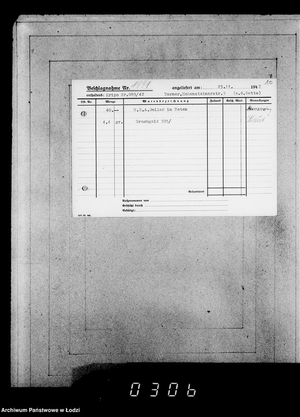 Obraz 14 z jednostki "Kripo 1801-2000 [Kartoteka skonfiskowanego majątku ruchomego u Żydów]"