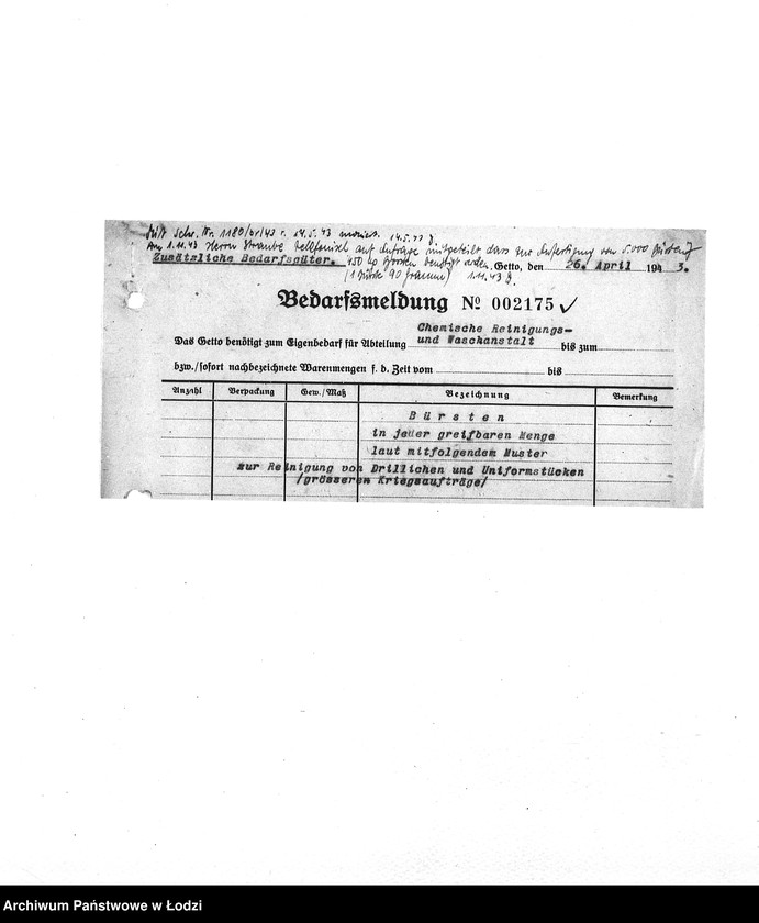 Obraz 10 z jednostki "Bedarfsmeldungen [Skierowane do GV zapotrzebowania na surowce, materiały, narzędzia, maszyny itp. potrzebne resortom pracy do produkcji; zamówienia żywności, lekarstw]"