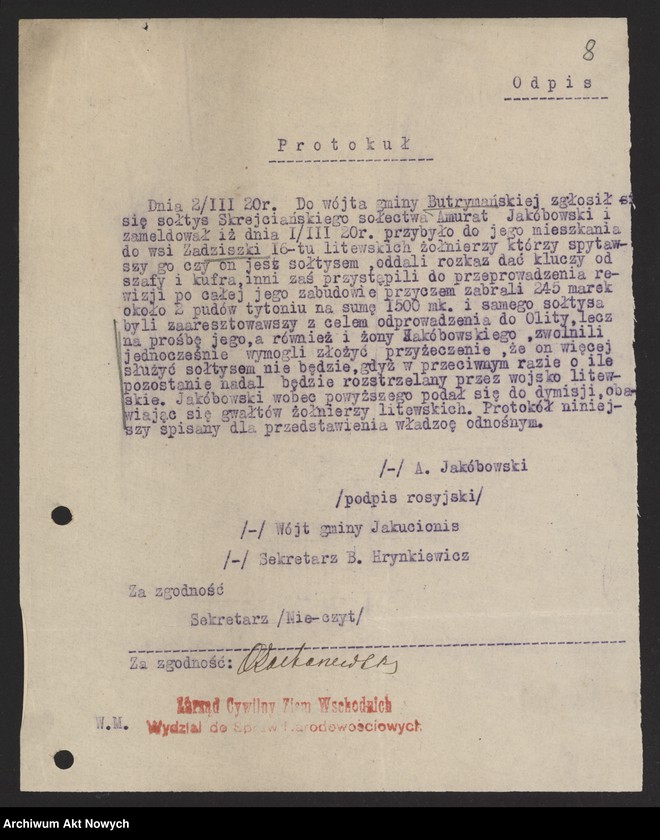 image.from.unit.number "Meldunki Inspektoratów Brzeskiego, Mińskiego, Wileńskiego przesyłane przez Zarząd Cywilny Ziem Wschodnich (Wydział Werbunkowy) do KCNP. Korespondencja ZCZW (Wydział Narodowościowy), z charakterystyką stosunków na pograniczu litewskim. Rozkaz Naczelnika Okręgu Wołyńskiego ZCZW"
