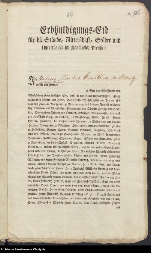 image.from.unit.number "In S. [Sachen] der Friderique Caroline Henriette geschiedene von der Oelsnitz geborene Müller wegen des in Subhastatione voluntaria erkauften Adelichen Guts Kirsteinsdorff [Kiersztanowo] H.[Haupt] Amts Osterode [Ostróda]"