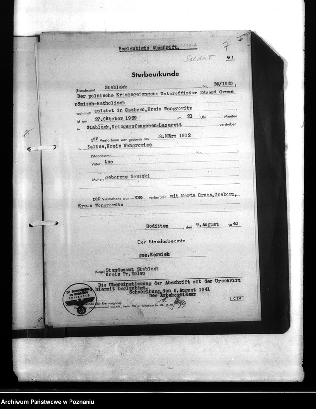 Obraz 12 z jednostki "Wykazy miejscowych Niemców, którzy zginęli w 1939 roku. Kreis Wongrowitz (Wągrowiec)"