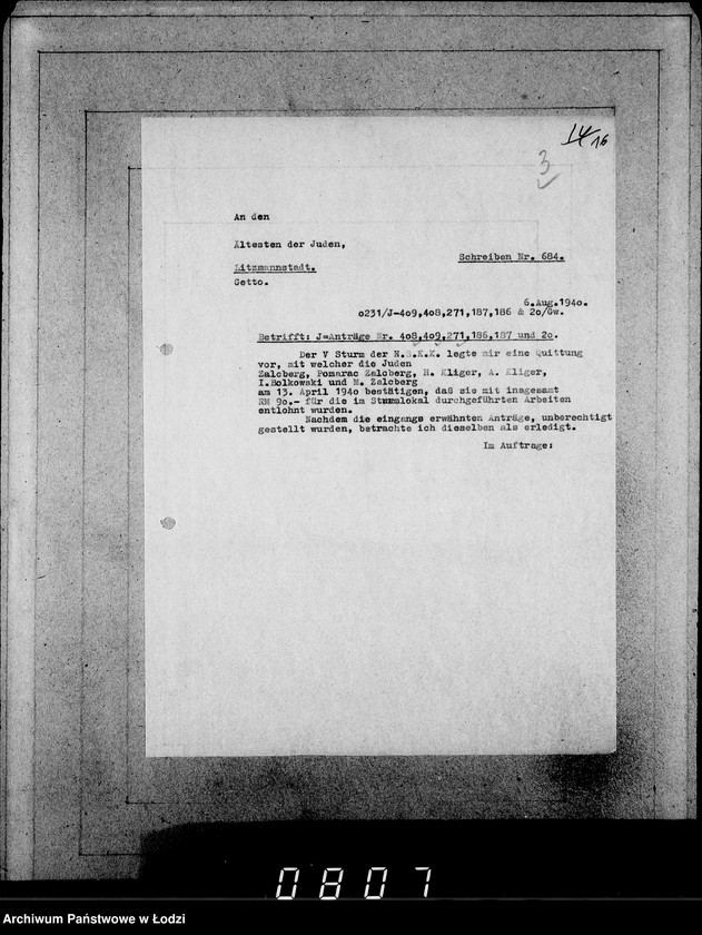 Obraz 20 z jednostki "J[uden] 406-420 [Wnioski Żydów z Getta o zwrot należności za pracę lub towar wzięty na kredyt]"