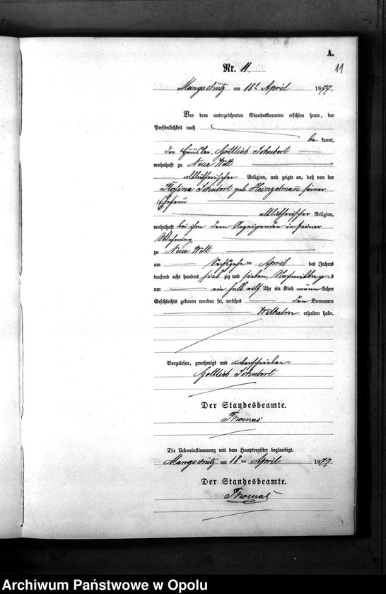 image.from.unit.number "Geburts-Neben-Register des Standesamts Mangschütz Kr.[eis] Brieg pro 1877"