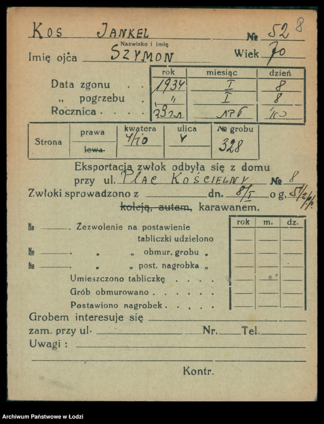 Obraz 9 z jednostki "Kartoteka osób pochowanych na cmentarzu żydowskim przy ulicy Brackiej w latach 1892-1959. Nazwiska na litery: Kos-Kra"