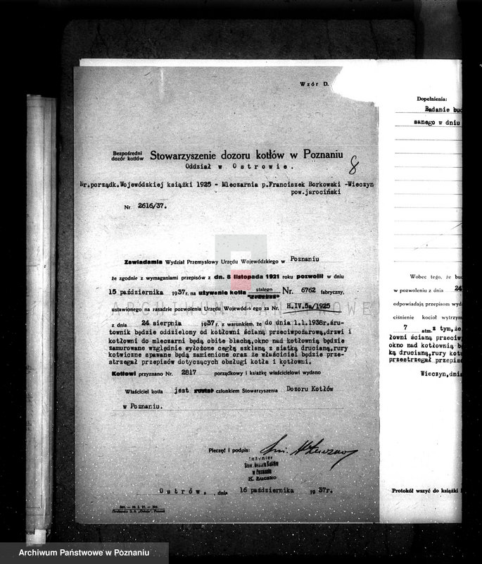 Obraz 12 z jednostki "Mleczarnia w Wieczynie pow. jarociński nr fabr kotła 6762, nr woj. kotła 1925"