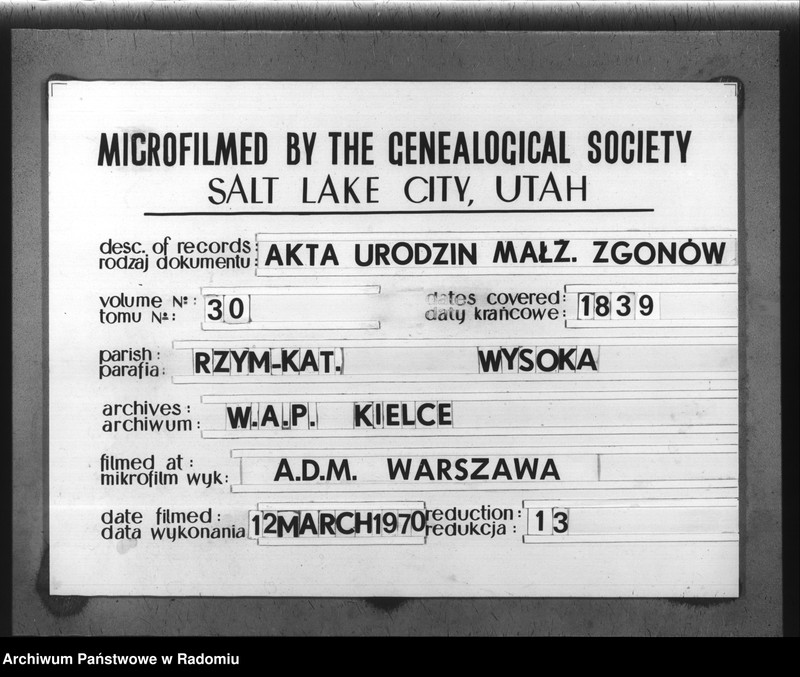 image.from.unit.number "Książka Duplikat Akt Cywilno - Religijnych Parafij Wysoka w powiecie Szydłowieckim Obwodzie Opoczyńskim Gubernij Sandomierskiej na rok 1839 sporządzona"