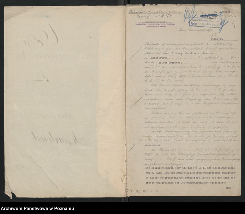 image.from.unit.number "Acta betreffen Konzessionierung eines feststehenden Dampfkessels zum Brennereibetrieb des Rittergutsbesitzers Iowanne in Lenartowitz"