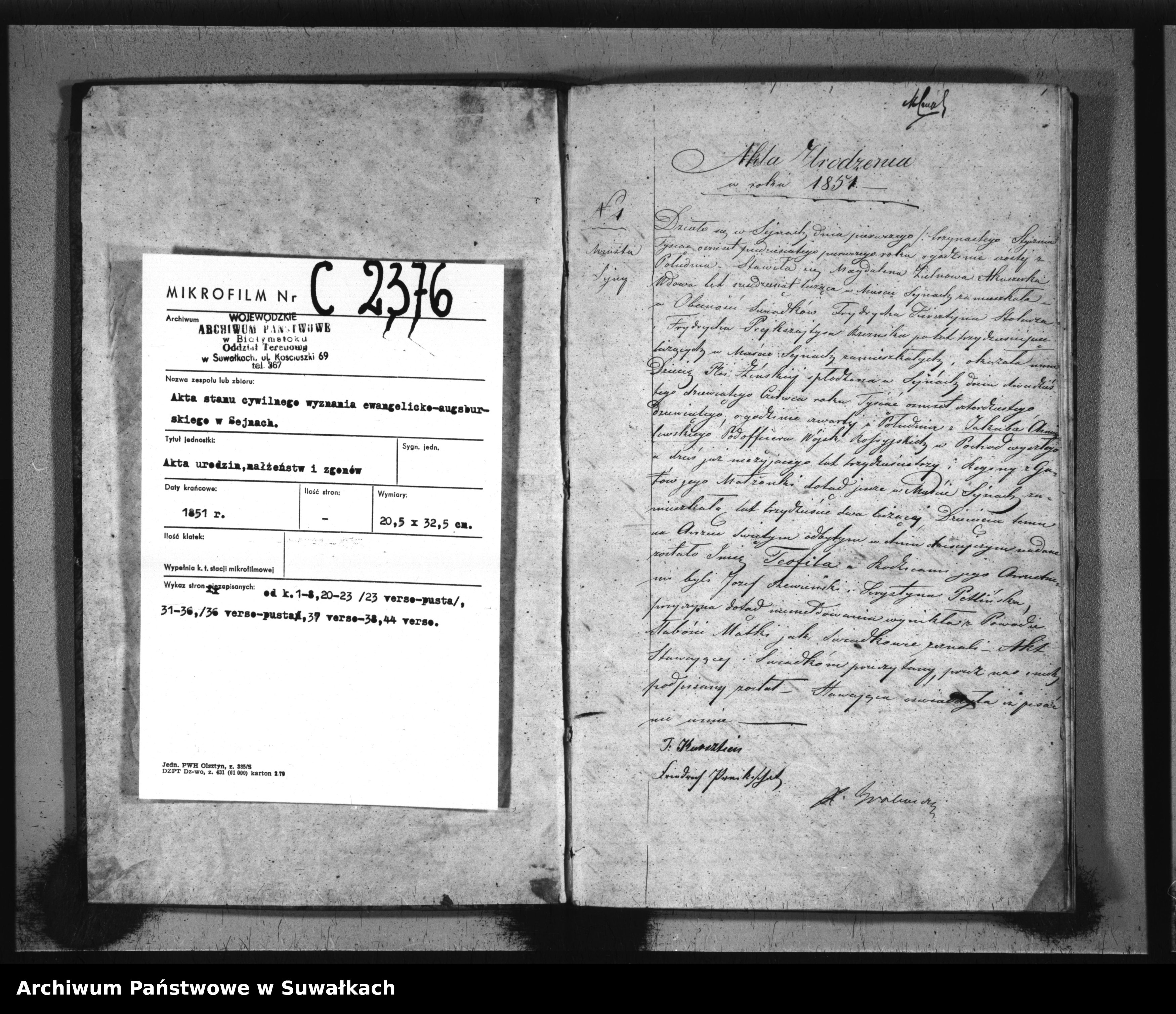 Skan z jednostki: Księga Duplikat do zapisywania Aktów Urodzenia, zaślubienia i zeyścia dla filiału Seyneńskiego Ewangelickiego na rok 1851