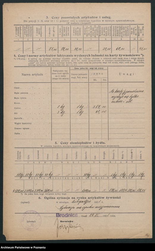 Obraz 5 z jednostki "[Wykazy cen rynkowych na artykuły spożywcze w poszczególnych miastach Województwa Pomorskiego za miesiąc listopad 1921 roku]"