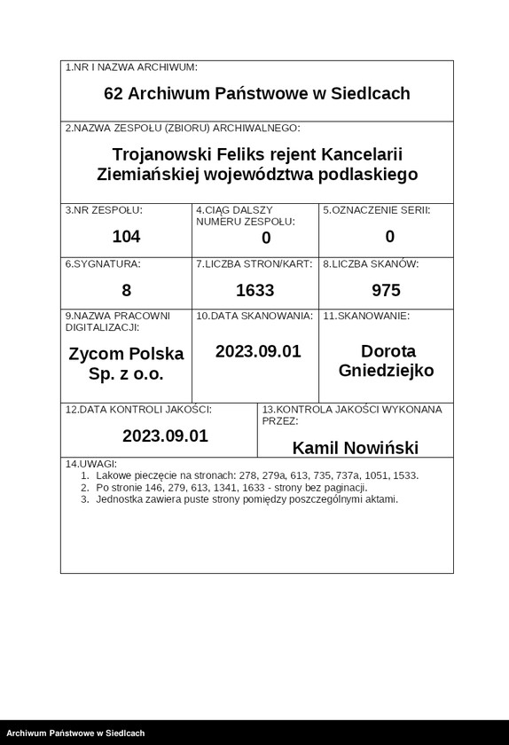 Obraz 1 z jednostki "[Akta notarialne rejenta Trojanowskiego Feliksa od nr 1 do nr 369]"