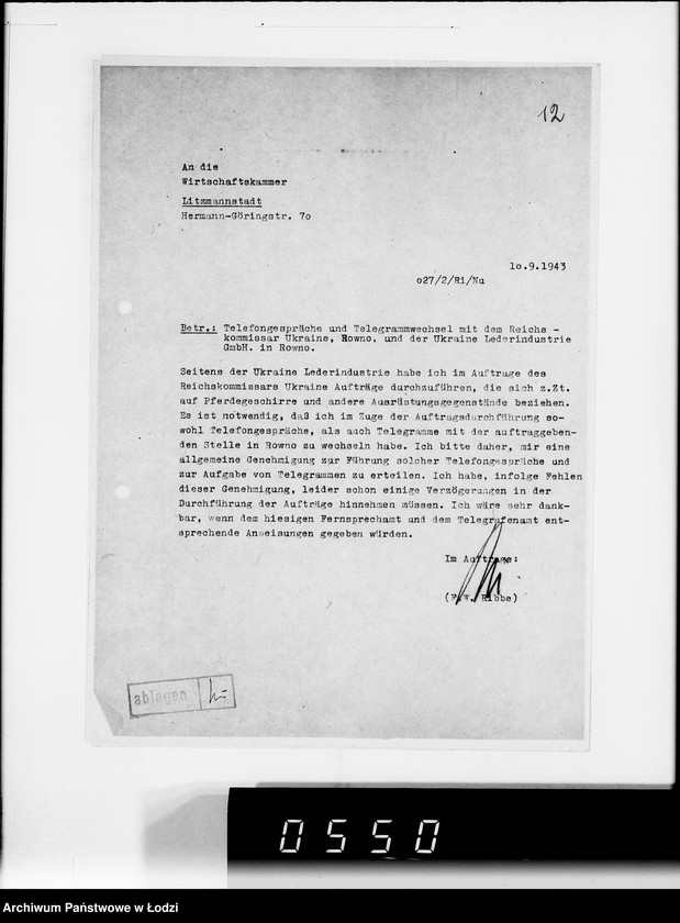 Obraz 16 z jednostki "Reichskommisar Ukraine. [Korespondencja w sprawie realizacji zamówień dla Ukraine Lederindustrie G.m.b.H w Równem]"