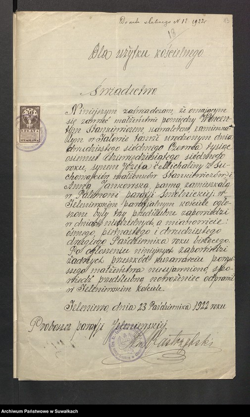 image.from.unit.number "Dokumenta so aktów ślubnych parafji Smolnickiej za 1922 rok"