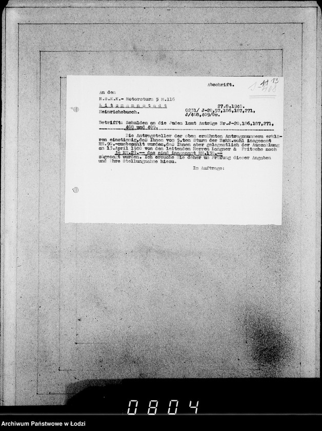 Obraz 17 z jednostki "J[uden] 406-420 [Wnioski Żydów z Getta o zwrot należności za pracę lub towar wzięty na kredyt]"