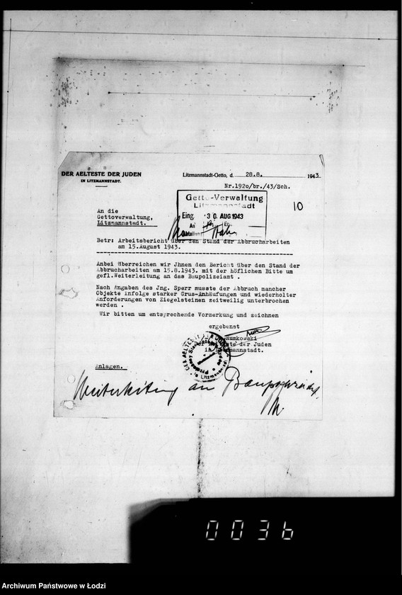 Obraz 14 z jednostki "Abbrüche im Getto. [Korespondencja w sprawie rozbiórki domów w Getcie, miesięczne zestawienia wykonanych prac, wykazy zatrudnionych przy pracach rozbiórkowych]"